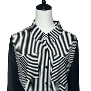 Chicos Top Womens Large 2 Black White Stripe Sheer Acadamia Pleated Button Up